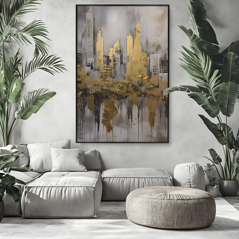 Tablou canvas cu tablou canvas cu zgarie-nori aurii, in rama de aluminiu negru, pe perete intr-un living